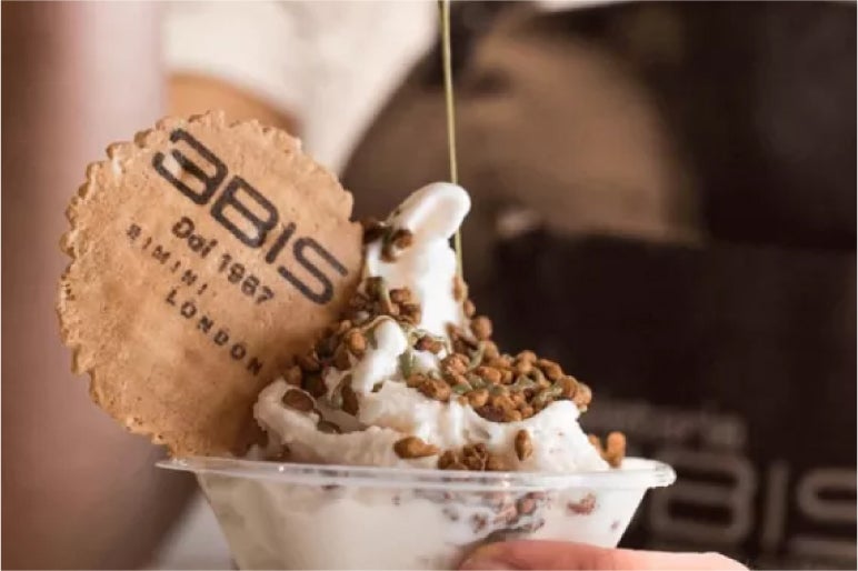 Gelato topped with nuts and a branded wafer, served in a clear cup from Gelateria 3Bis, Borough Market, London
