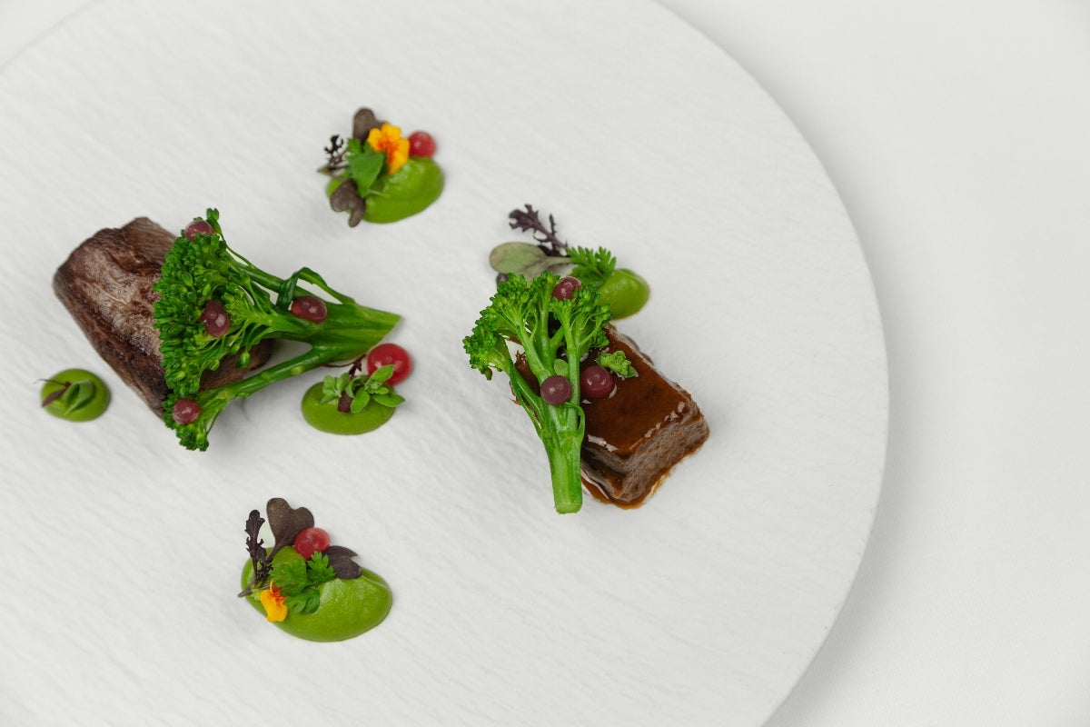 Venison cooked twice, with a side of broccoli, blueberry and marjoram