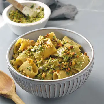 Paccheri Pasta with Green Olive Pistachio Pesto