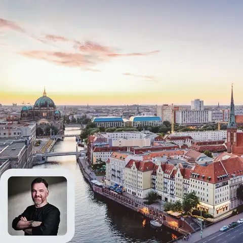 Chef René Frank and the Berlin skyline