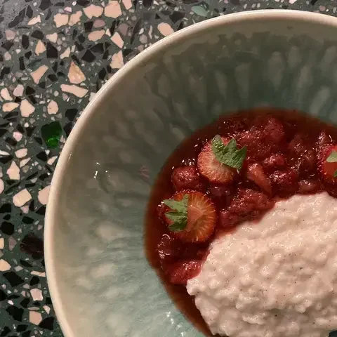 Carolina Gold Rice Pudding with Strawberry–Anise Hyssop Jam