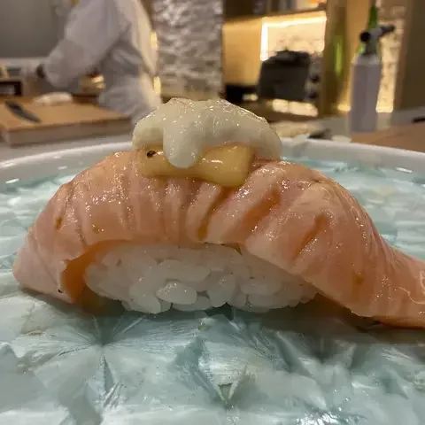 Salmon Nigiri With American Cheese and Mayo at Oroshi