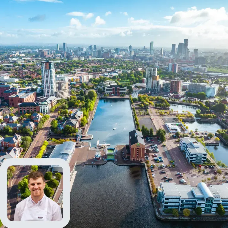 Chef Tom Barnes and the Manchester skyline.