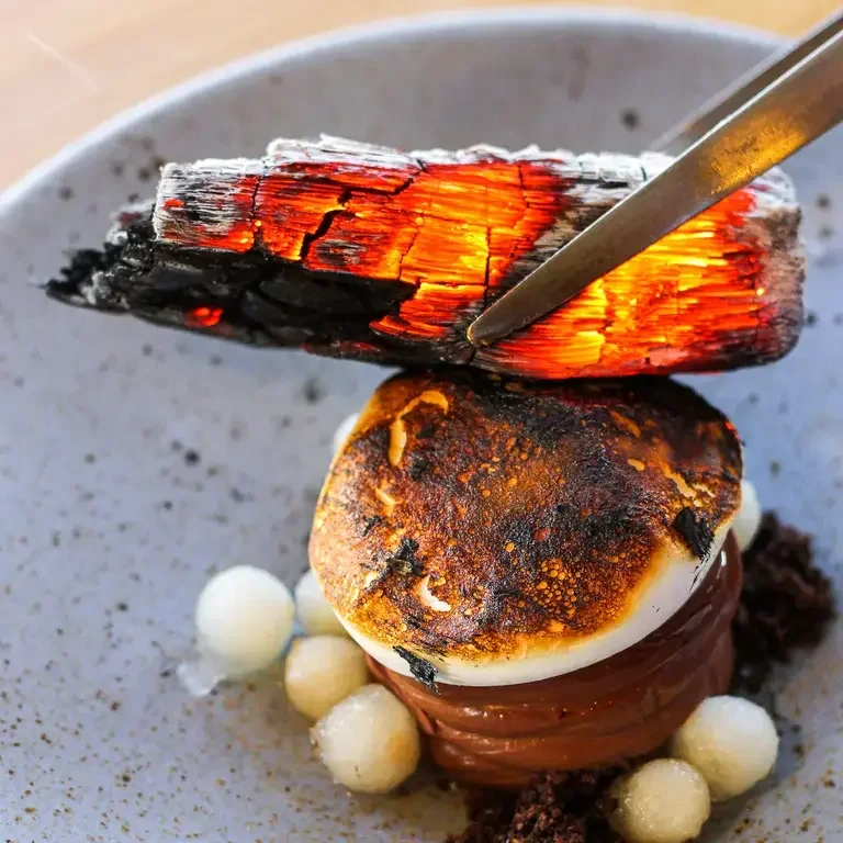 Chocolate Ganache with Charred Meringue and Mezcal Pears