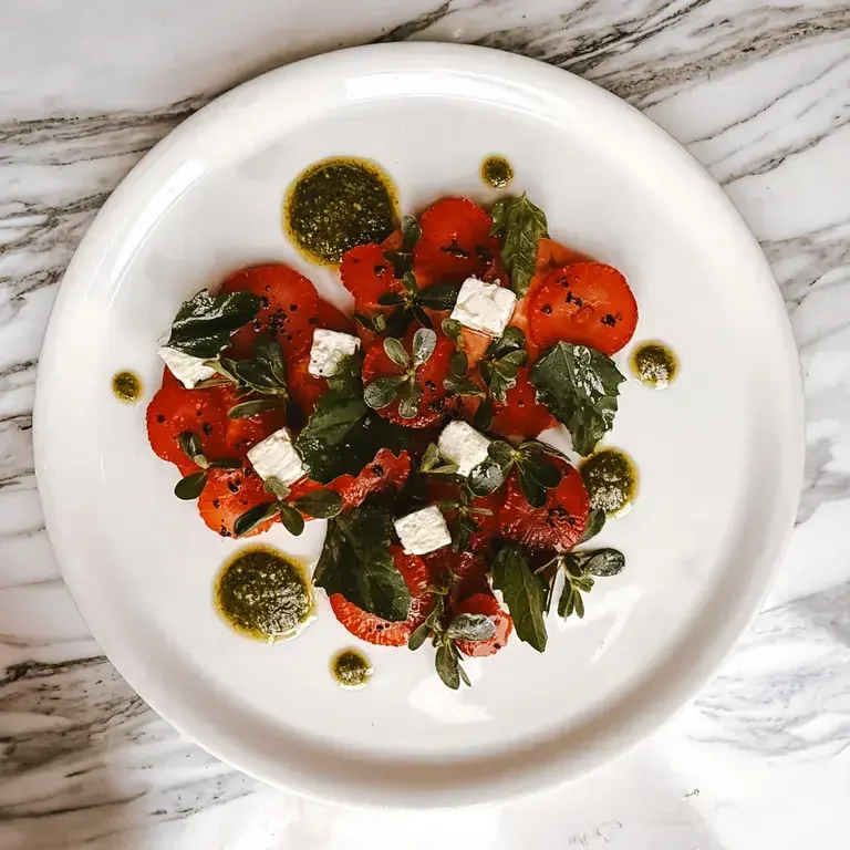 Purslane Salad with Strawberries, Feta, and Hoja Santa Pesto