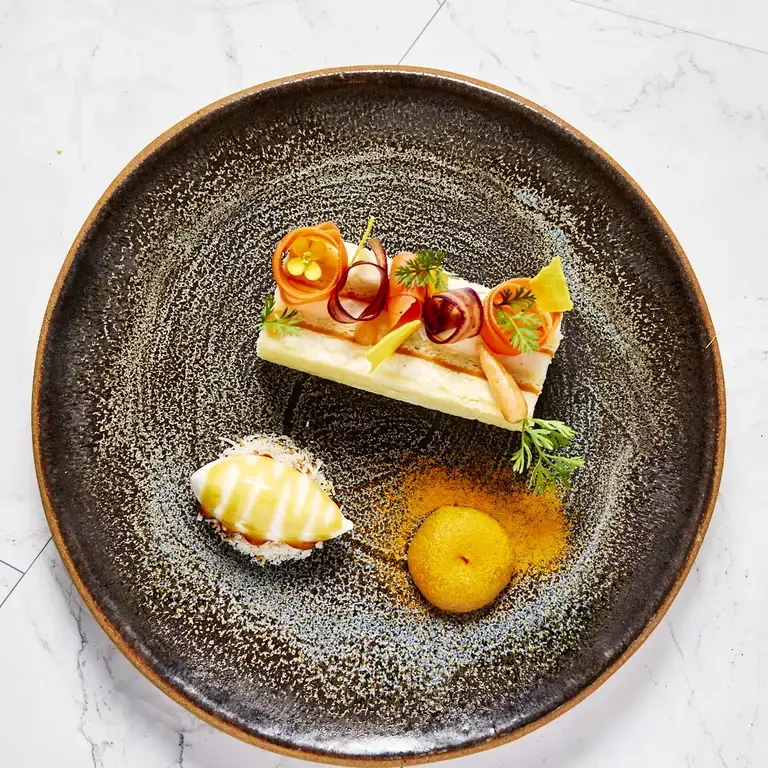 Carrot Halwa Cake, Cardamom Cream Cheese, Buttermilk Ice Cream, Candied Carrot