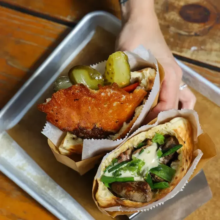 Folded Cheeseburger and Wild Mushroom Pita at Miznon