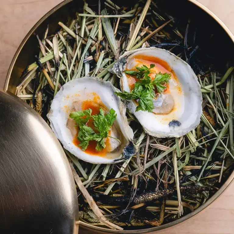 Island Creek Oysters Brown Butter Chojang Chervil and Smoked Hay