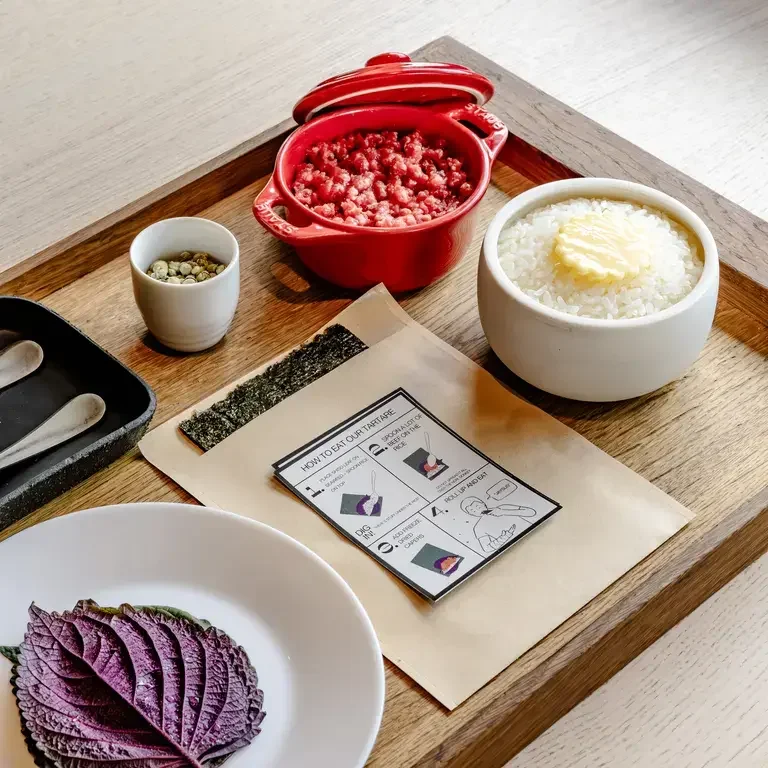 Raw Beef, Smoked Egg, Rice, Seaweed, Capers