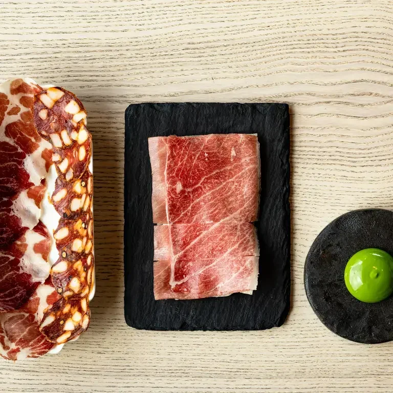 Coppa Spicy Salami, Smoked Cod, and Tuna Belly, Parsley Sauce