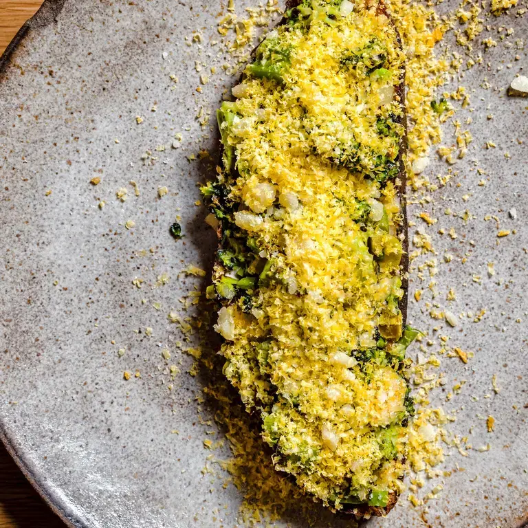 Broccoli Caesar Toast with Smoked Egg Bottarga