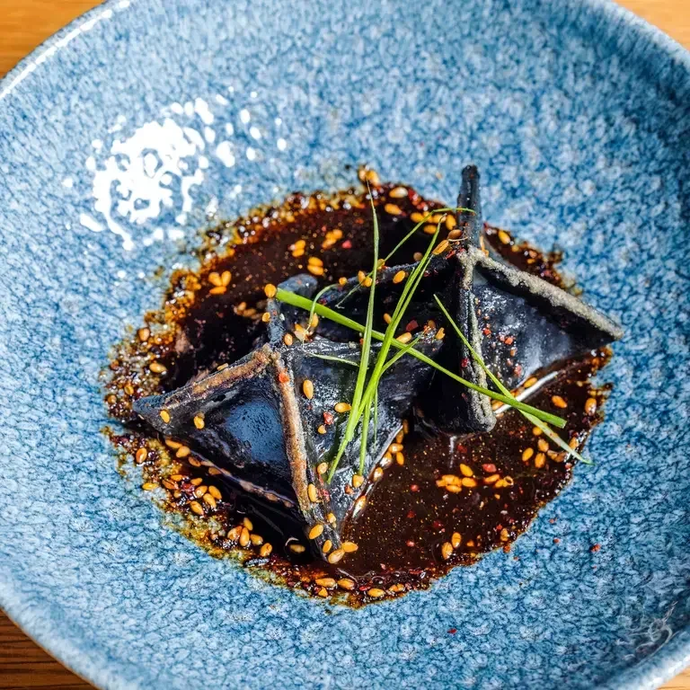 Duck Confit Dumpling with Black Garlic Vinaigrette