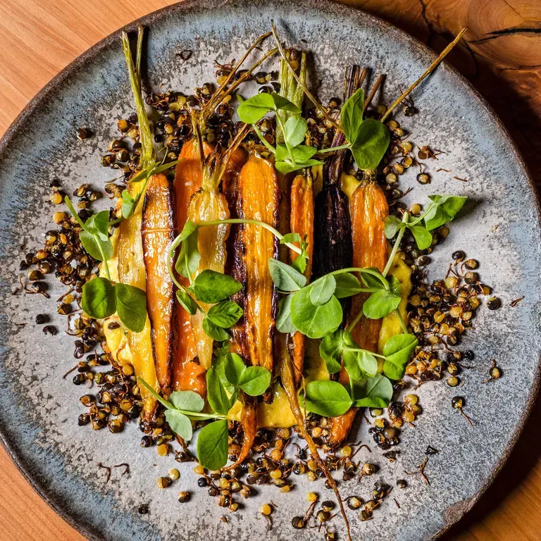 Makrut Lime Roasted Carrots with Curry Lentil Hummus