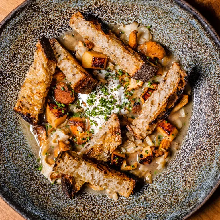 Wild Mushrooms Braised in Pork Jus with Smoked Onion Creme Fraiche