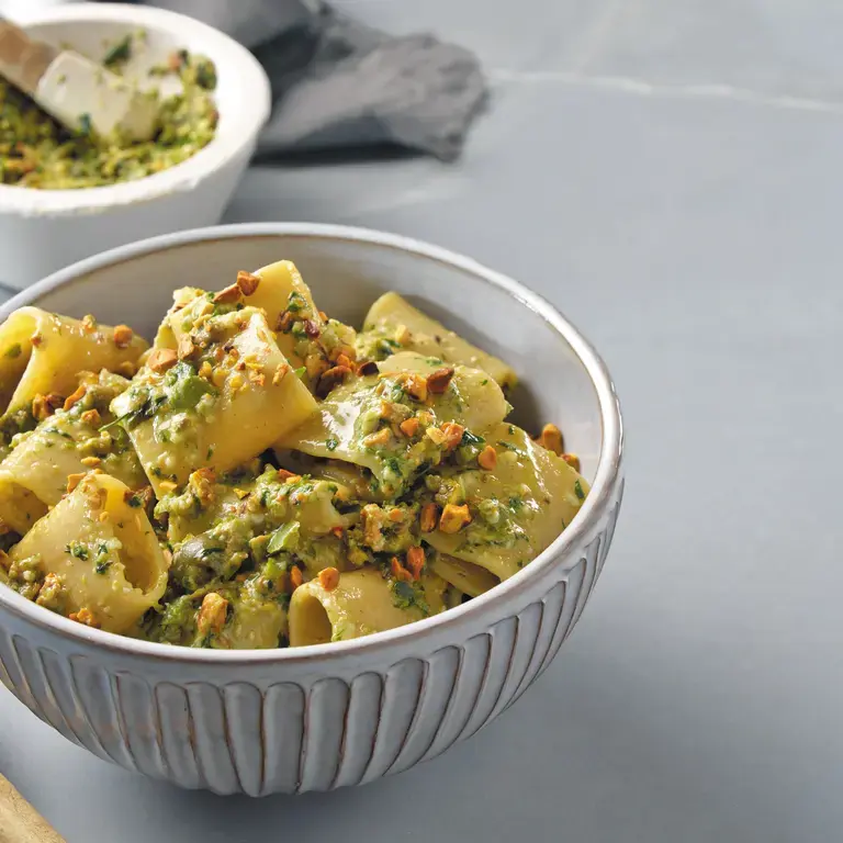 Paccheri Pasta with Green Olive Pistachio Pesto