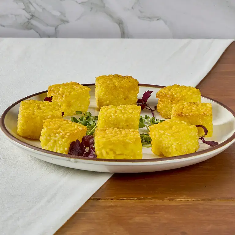 Mini Saffron Risotto ‘al Salto’ with Fondue and Sprouts