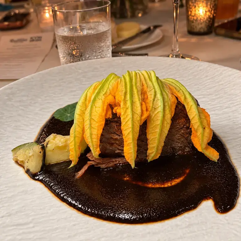 Guajillo Short Rib with Black Mole and Squash Blossom