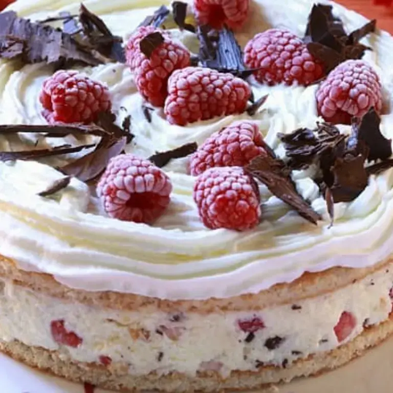 Ice cream cake topped with raspberries and chocolate.