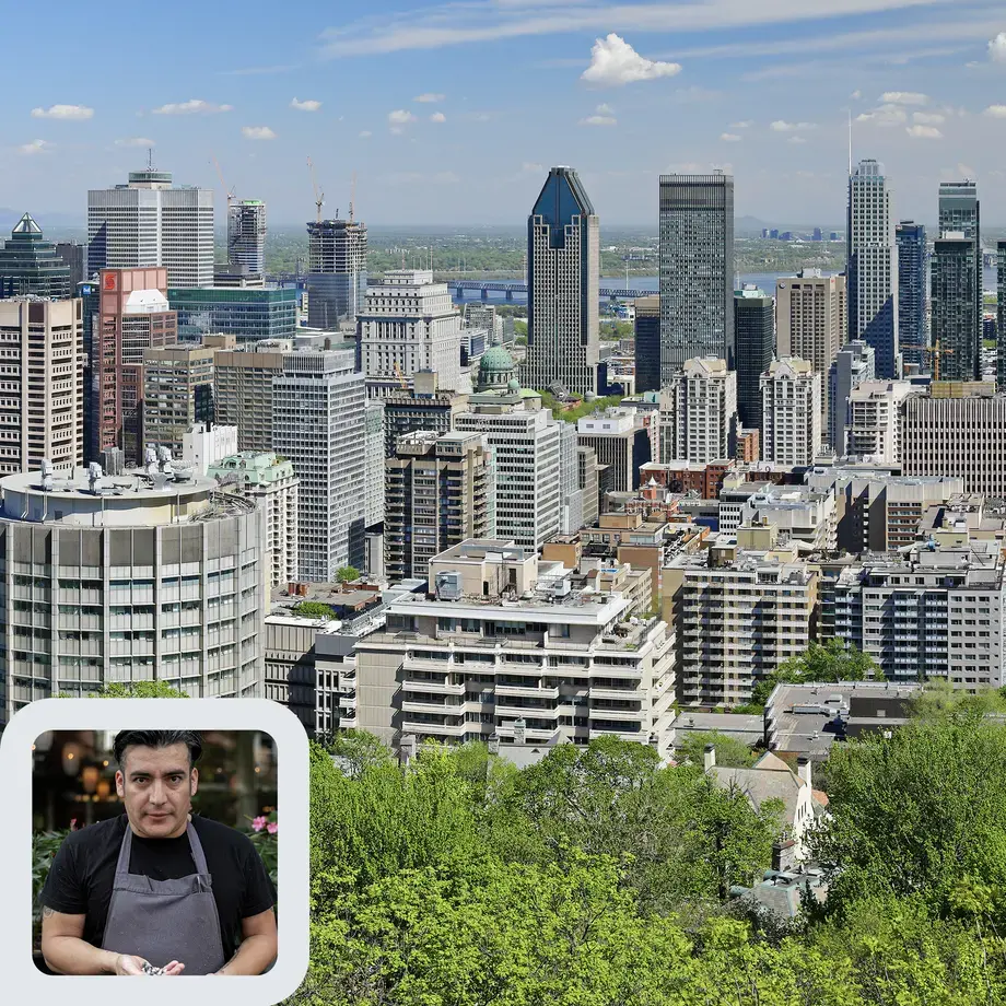 Chef Juan Lopez Luna and the Montreal skyline.