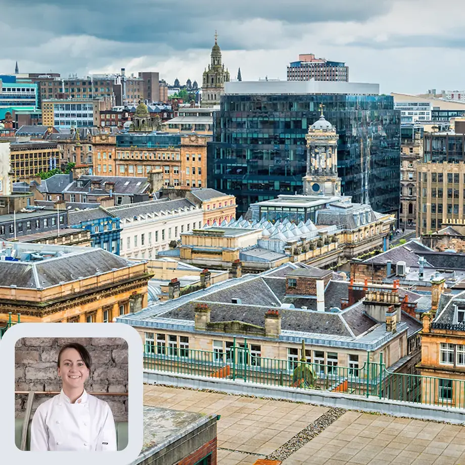 Chef Lorna McNee and the Glasgow skyline.