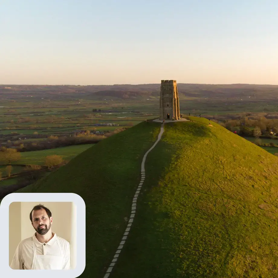 Chef Merlin Labron-Johnson and the Glastonbury Tor.