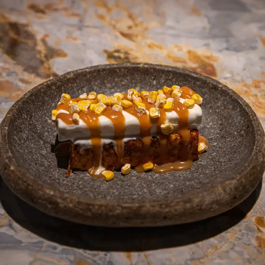 Sweet Corn Cake Brûlée with Queso Fresco Ice Cream