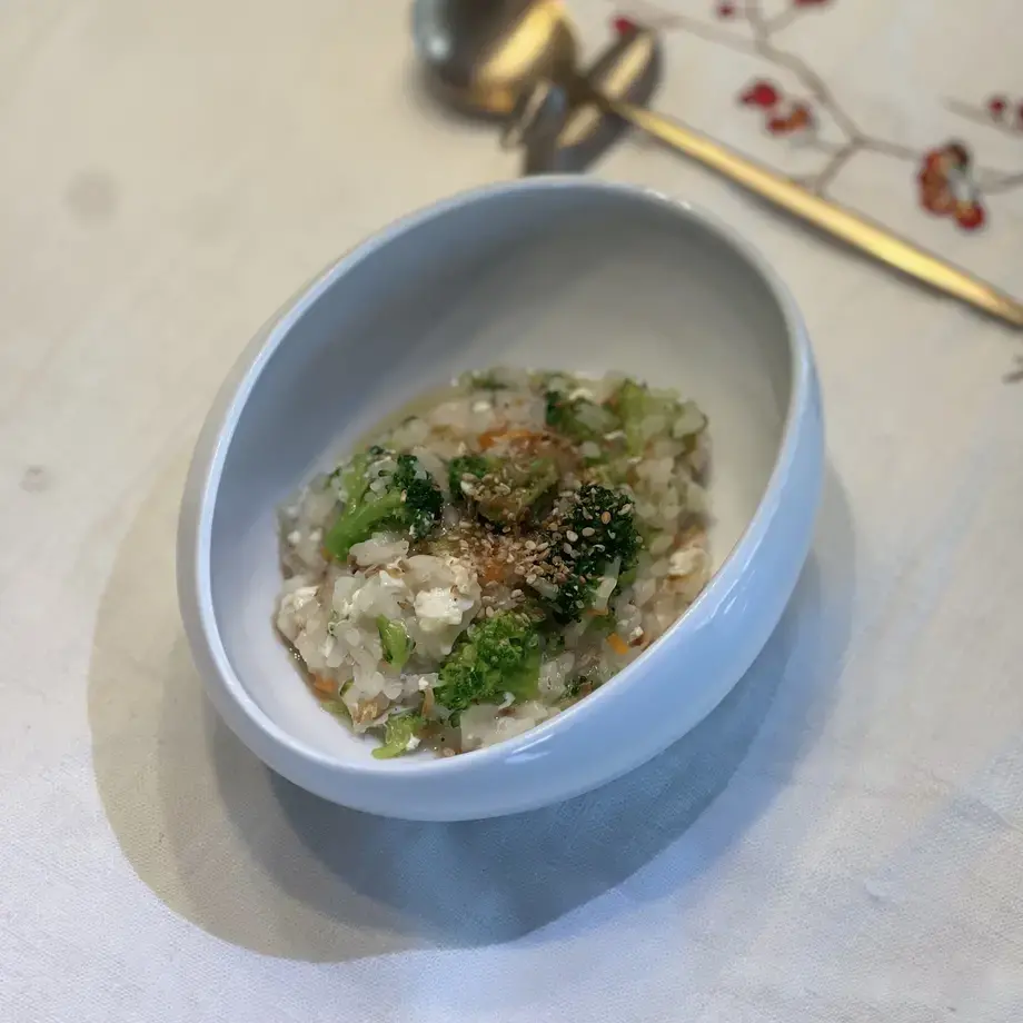 Dungeness Crab Rice Porridge with Broccoli and Egg White