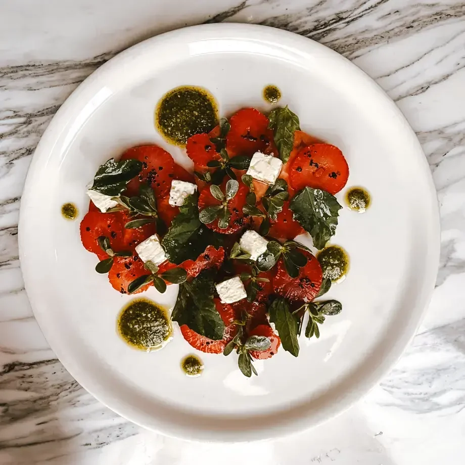 Purslane Salad with Strawberries, Feta, and Hoja Santa Pesto
