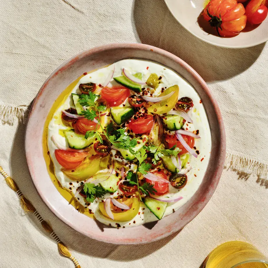 Tomatoes + Cucumber + Banana Peppers over Whipped Feta
