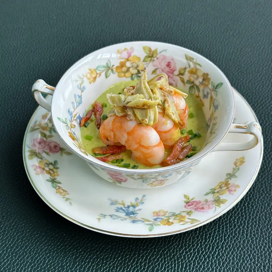 Prawns with Pea Cream, Crispy Pancetta, and Oven-Crisped Artichoke
