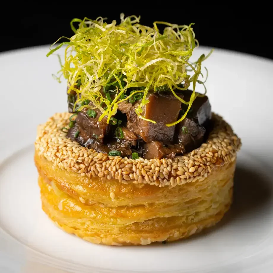 Lions Mane Short Rib Tart with Braised and Frizzled Leaks