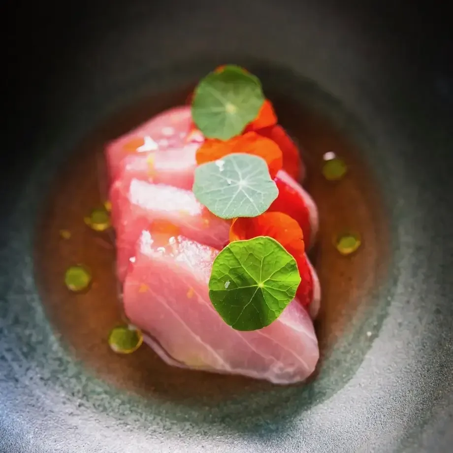 Yellowtail Crudo, Pickled Strawberries, Rhubarb, Avocado