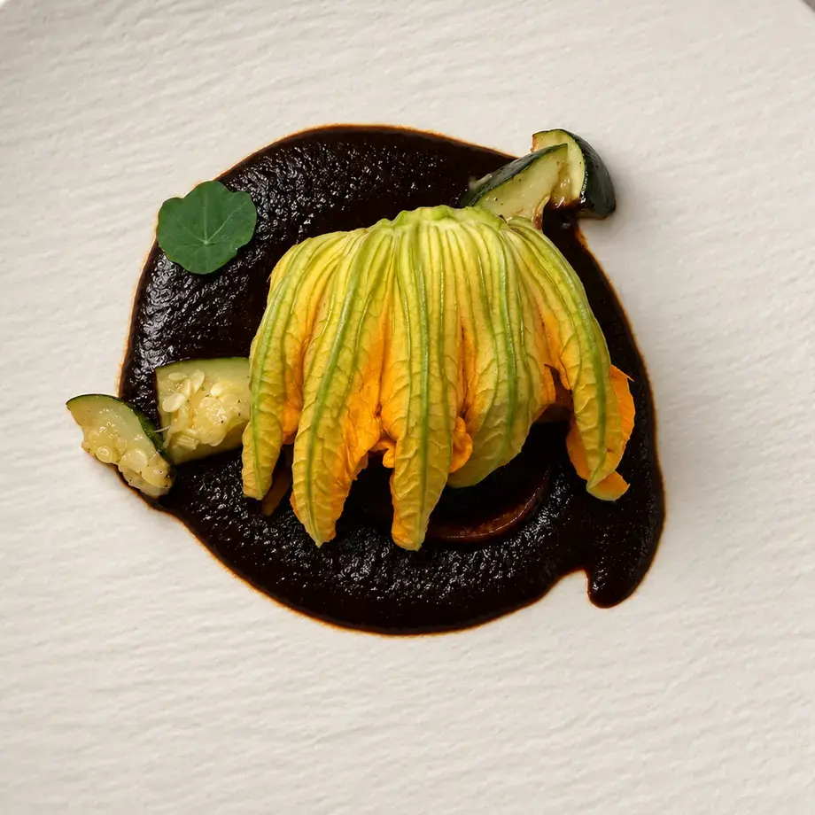 Guajillo Short Rib with Black Mole and Squash Blossom