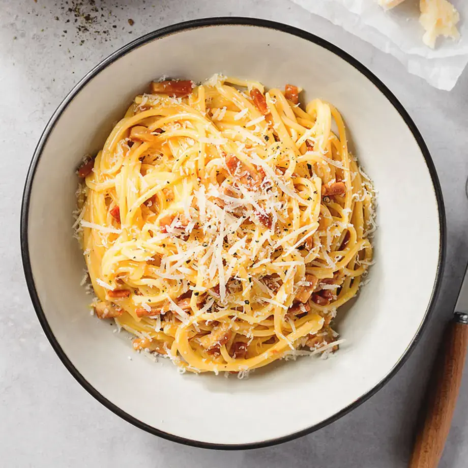 A bowl of carbonara, the famous Roman pasta dish.