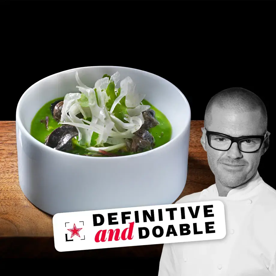 A portrait of chef Heston Blumenthal and his snail porridge dish.