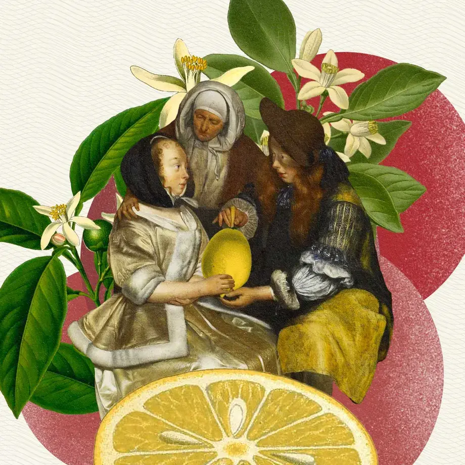 Collage of lemon flowers, lemon and art