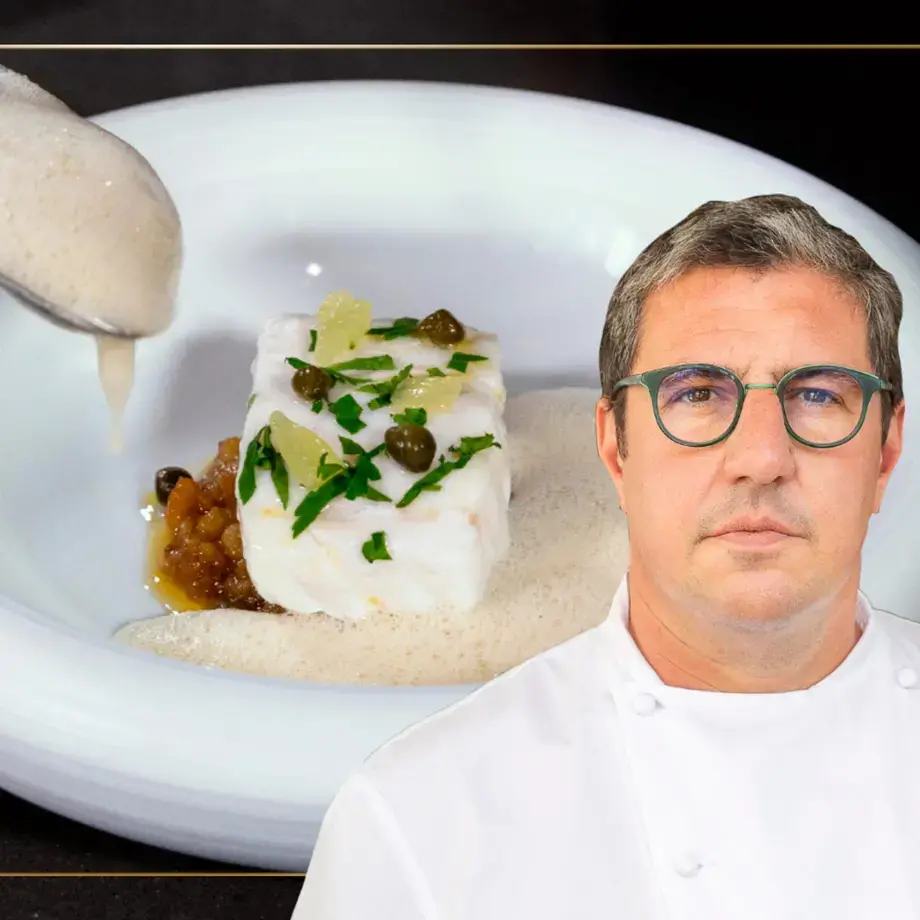 Claude Bosi and his cod à la Grenobloise dish.