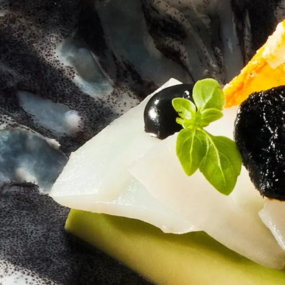 Squid Sashimi With Avocado, Black Garlic And Grilled Vegetable Vinaigrette