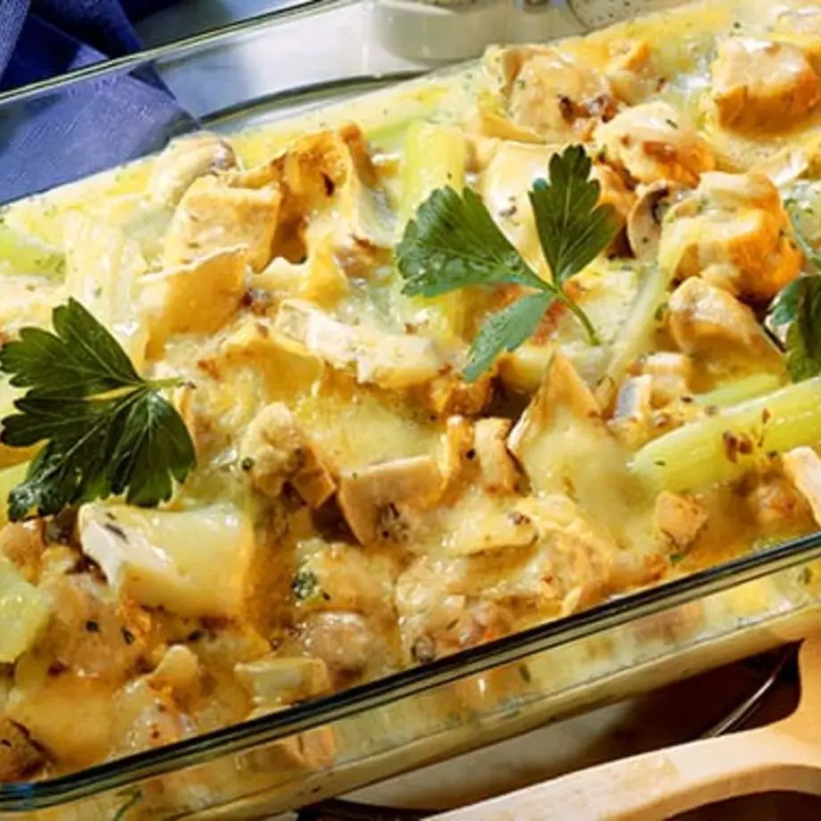 Celery and Chicken Gratin with Mushrooms and Brie