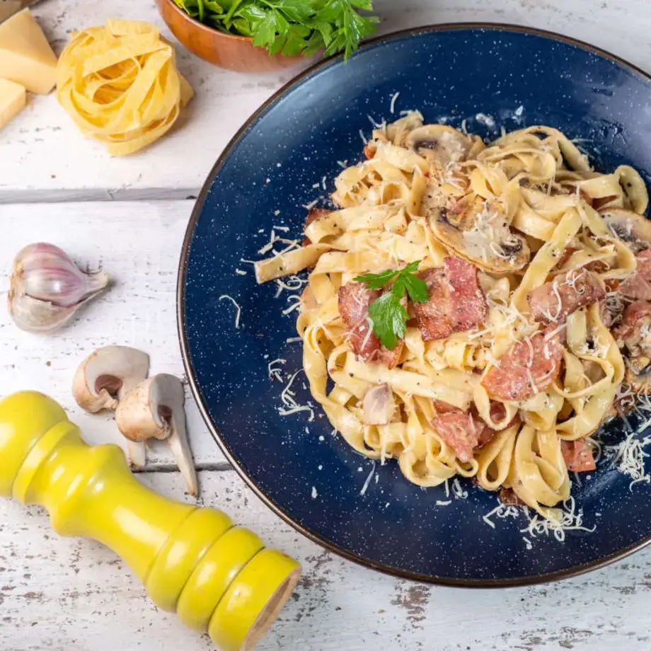 Ham and mushroom tagliatelle.