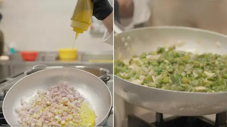 Asparagus cut into rounds and sautéed in a skillet with oil, salt, and pepper