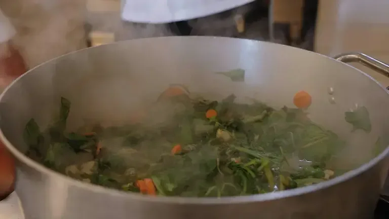Large pan with vegetables cooking