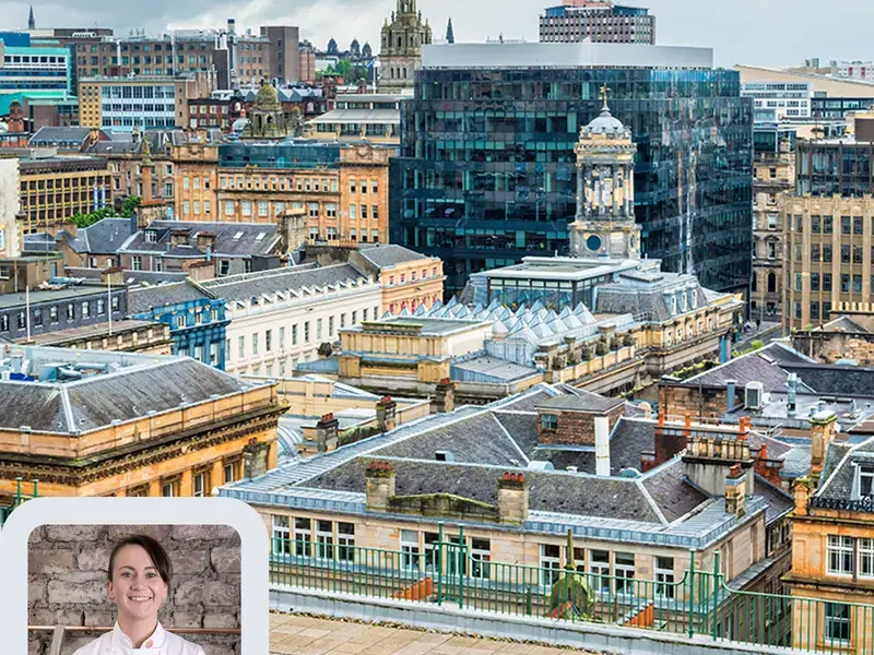 Chef Lorna McNee and the Glasgow skyline.