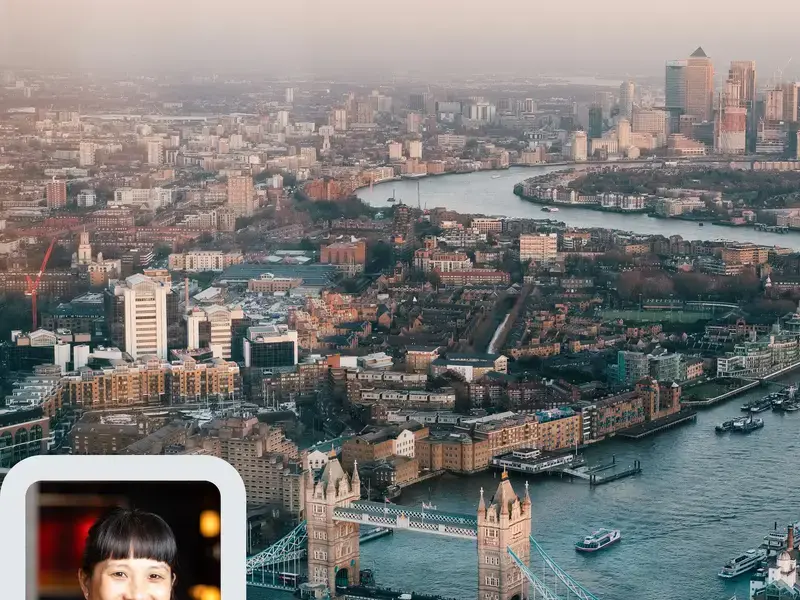 Sandia Chang and an aerial view of London and the River Thames.