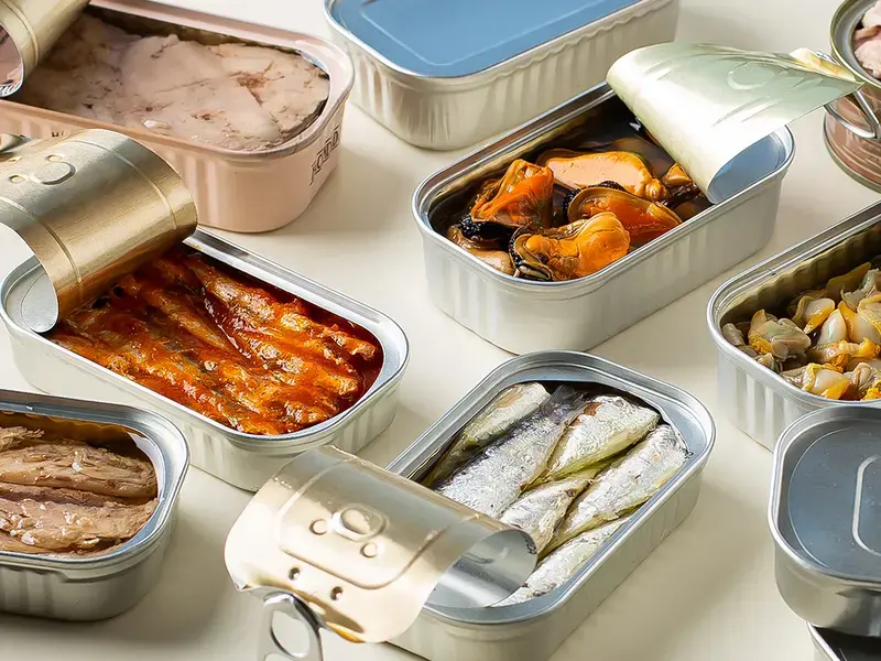 Assorted canned fish.