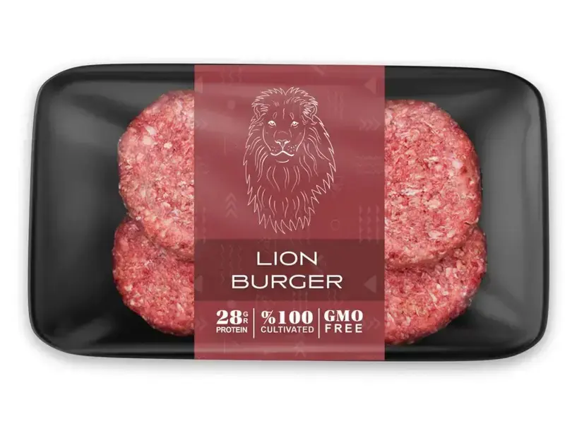 a retail pack of lion burgers