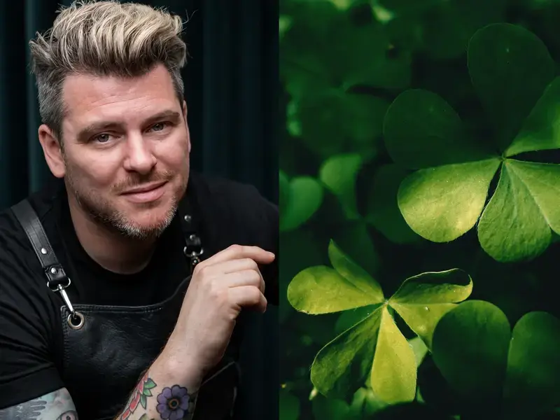 A composite image of a chef and clover leaves.