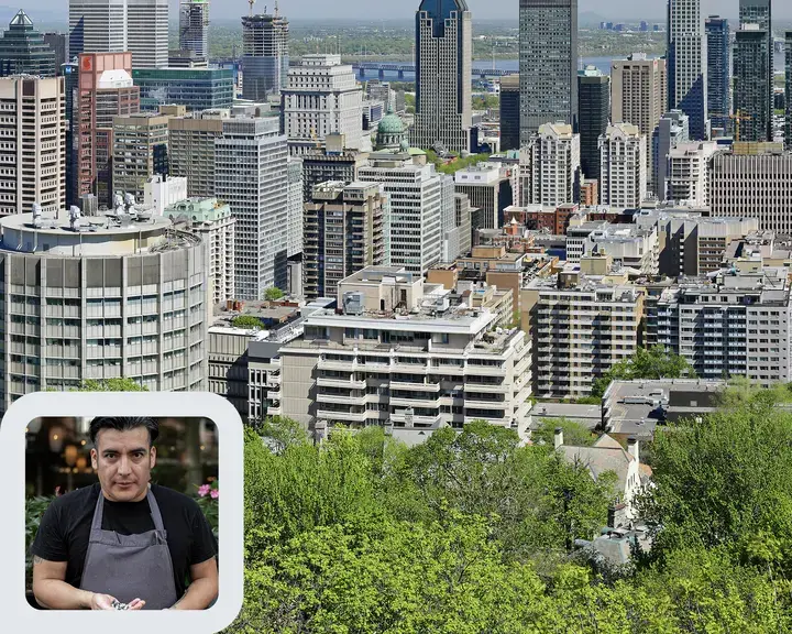 Chef Juan Lopez Luna and the Montreal skyline.