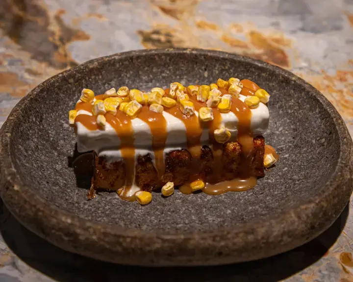 Sweet Corn Cake Brûlée with Queso Fresco Ice Cream