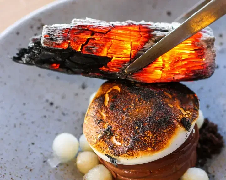 Chocolate Ganache with Charred Meringue and Mezcal Pears